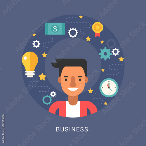 Business Icons and Objects in the Shape of Circle. Businessman Cartoon Character. Vector Illustration in Flat Design Style
