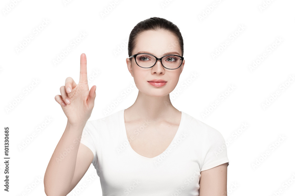 girl in blank white shirt pointing to something girl in blank white shirt pointing to something
