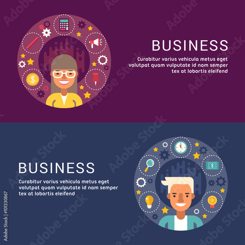 Set of Vector Illustrations in Flat Design Style. Business Icons and Objects in the Shape of Circle. Businessman Cartoon Character
