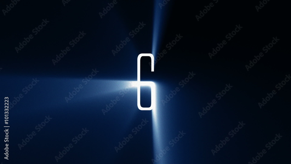 10 to 1 Countdown with Blue Light Rays (25fps). Numbers flash, blur and dissolve in and out, revealing the next number in front of bright blue volumetric light rays.