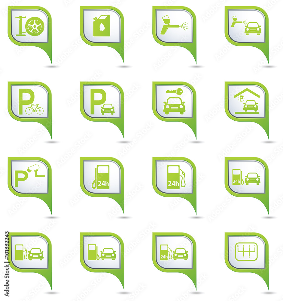 Gas station and car service icons on green map pointers. Vector illustration
