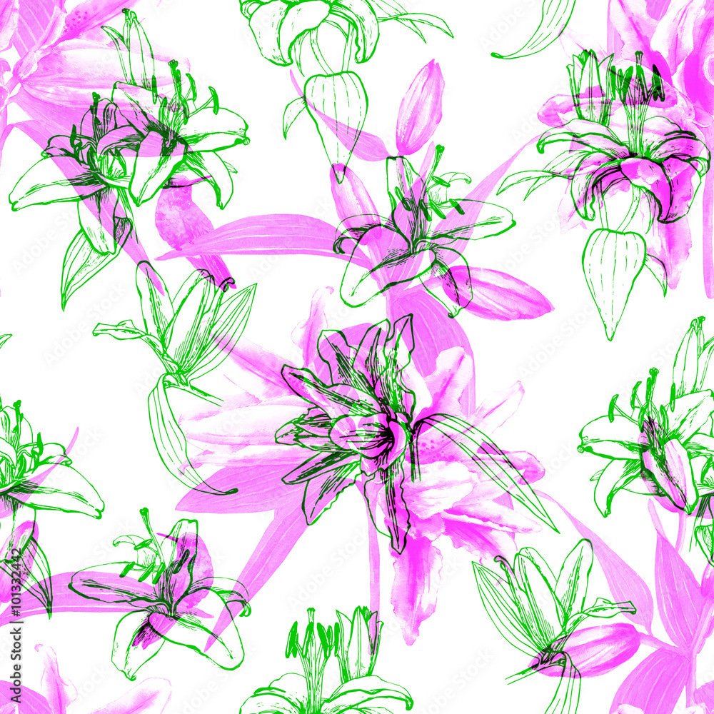 Bouquets of tropical pink lilies with hummingbirds. Seamless floral pattern, hand painted watercolor and line art. Blended effect. Isolated on white background. Fabric texture. Wallpaper.