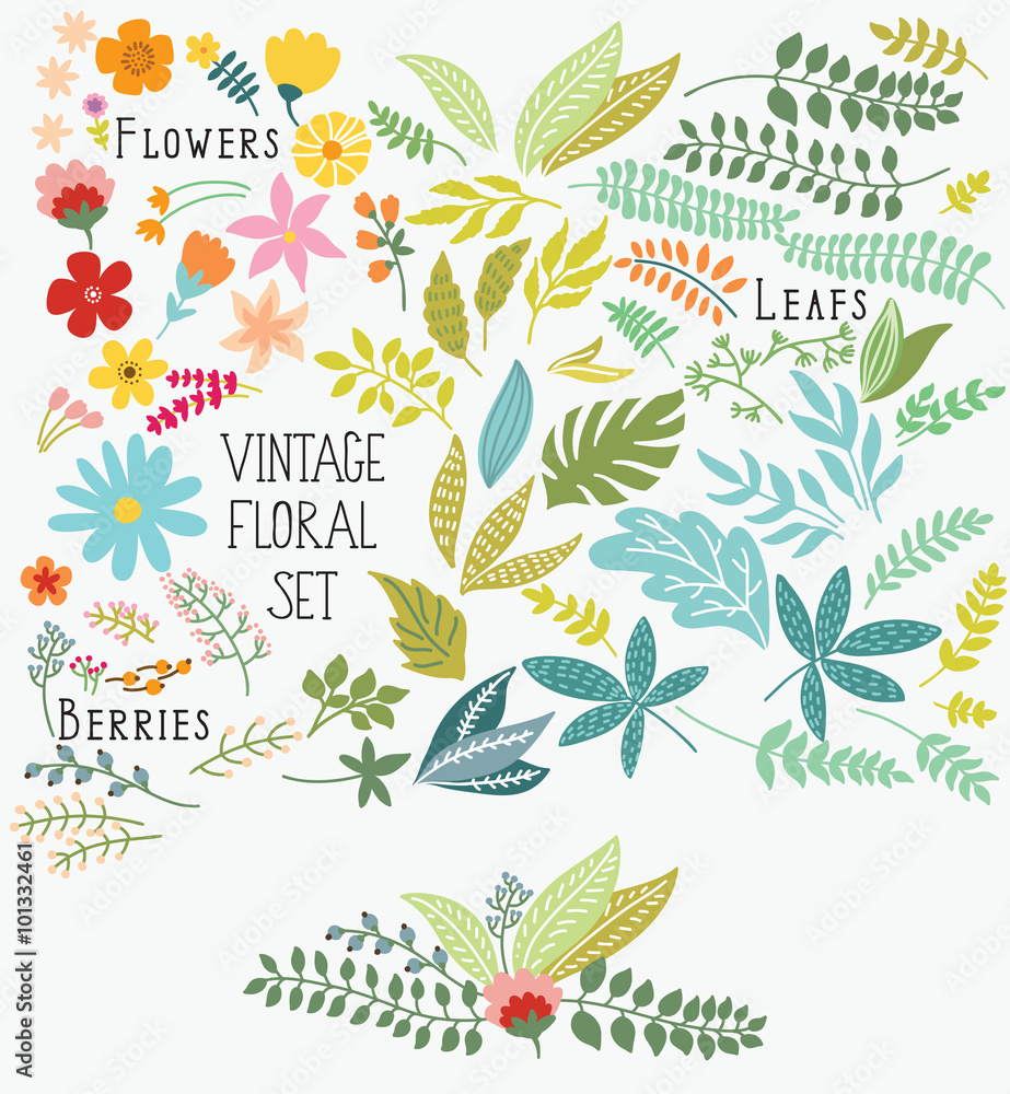 Hand Drawn vintage floral elements. Set of flowers. You can make your vintage floral bouquet