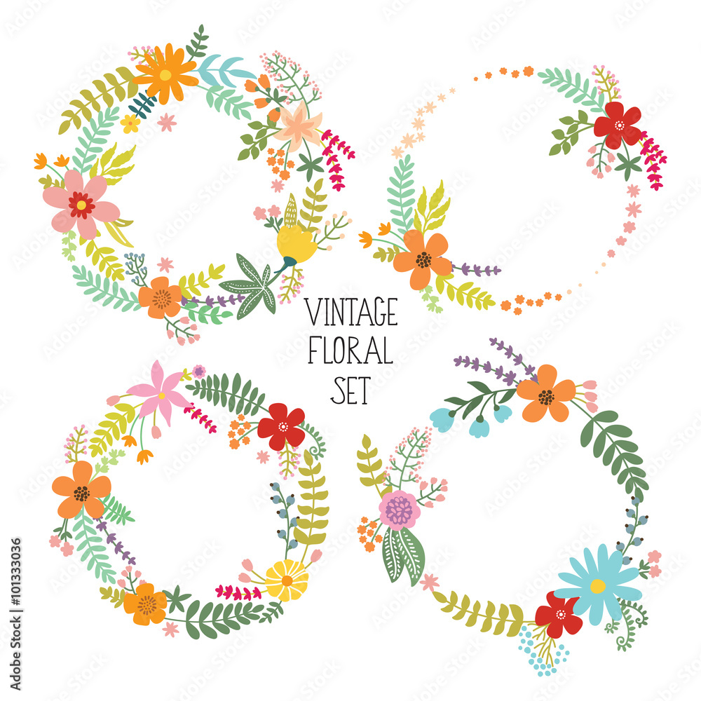 Floral Frame Collection. Set of vintage flowers arranged un a shape of the wreath. Can be used for wedding invitations and birthday cards