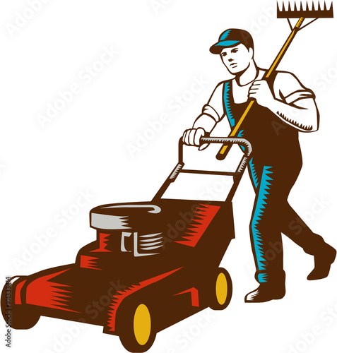 Gardener Lawn Mower Rake Woodcut