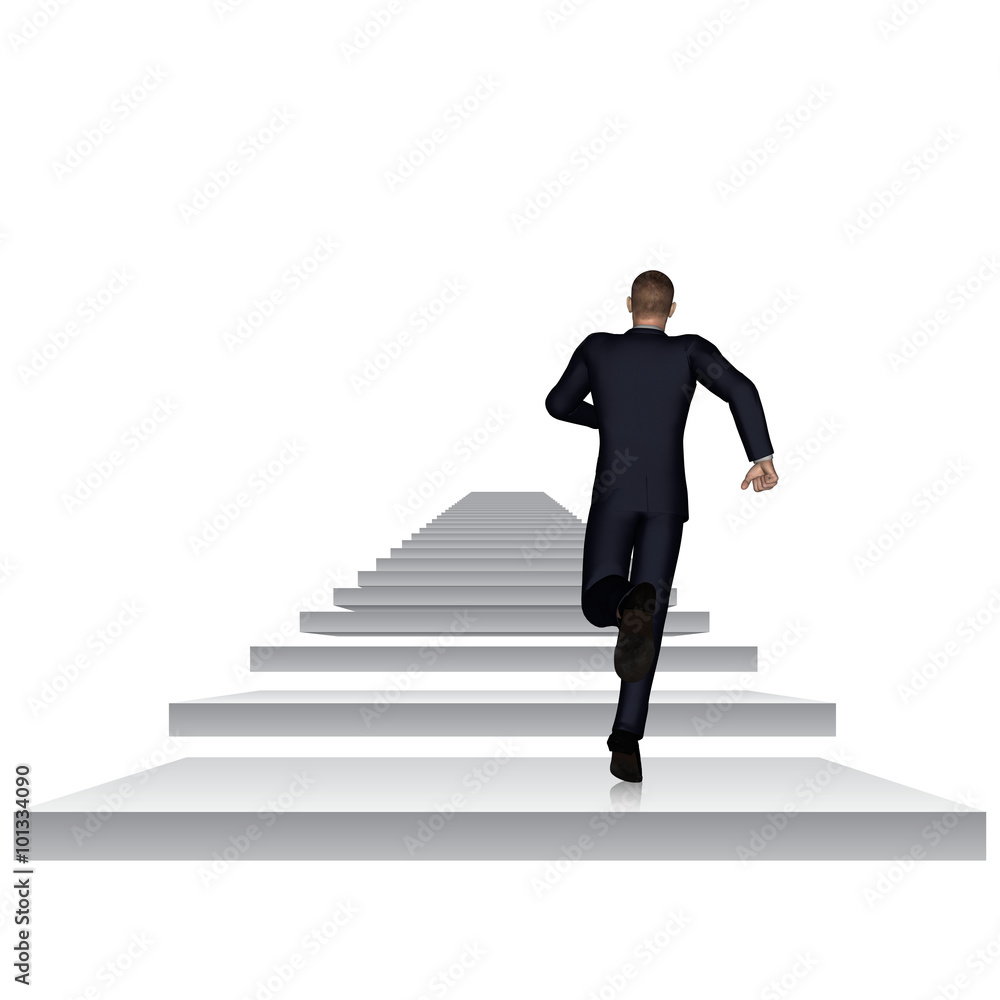 Conceptual 3D business man running or climbing white stair isolated