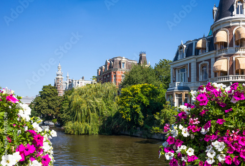 Amsterdam, elegant houses and flowers on the Weteringschan near the Rijksmuseum
