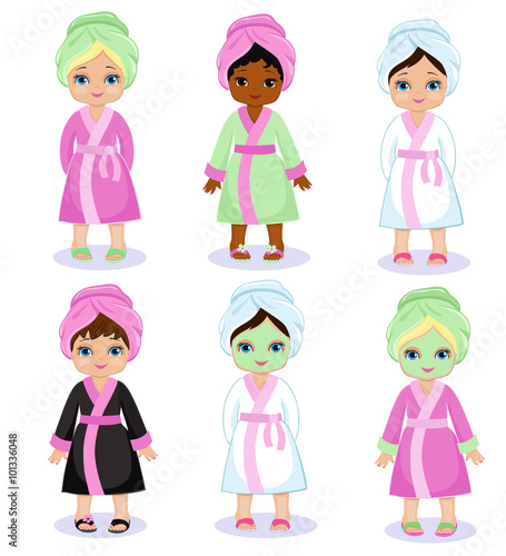 Girls in a bathrobe take spa treatments.Vector illustration isolated on white background.