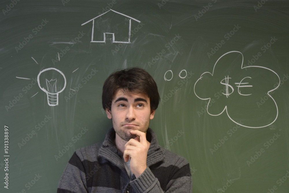 A men thinking about money, house and idea A men thinking about money, house and idea