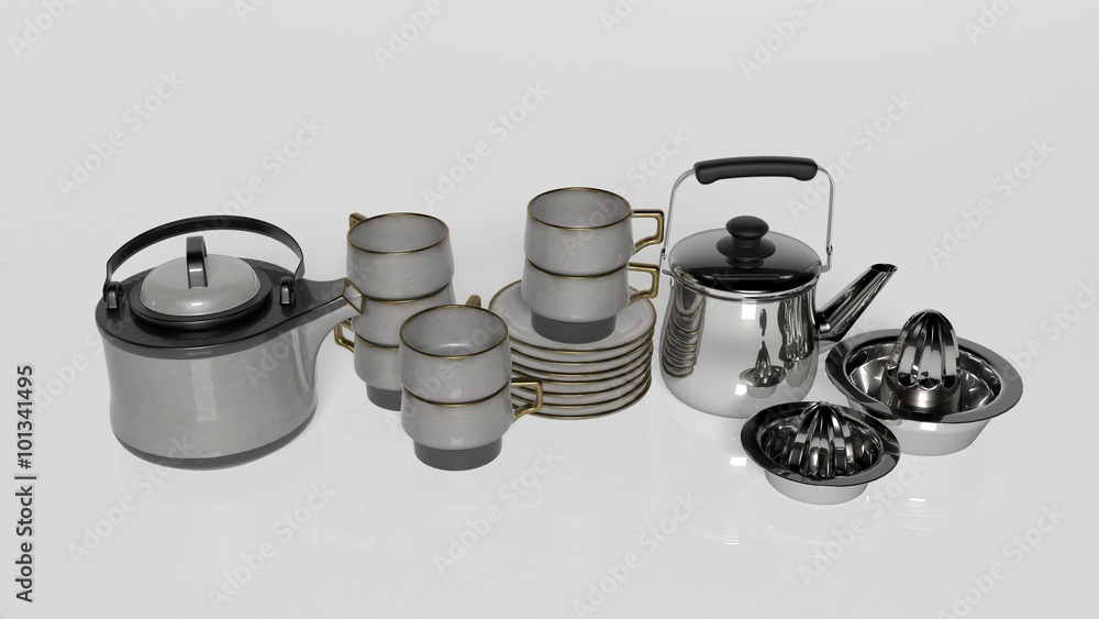 Tea set, teapots with tea cups, saucers and lemon squeezer isolated on white background Tea set, teapots with tea cups, saucers and lemon squeezer isolated on white background