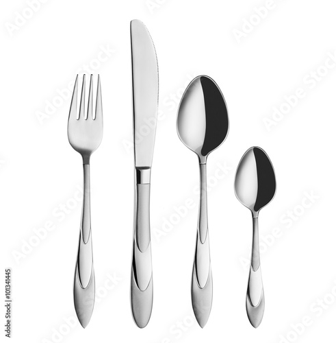 Modern, elegant fork, spoon, teaspoon and knife isolated on white