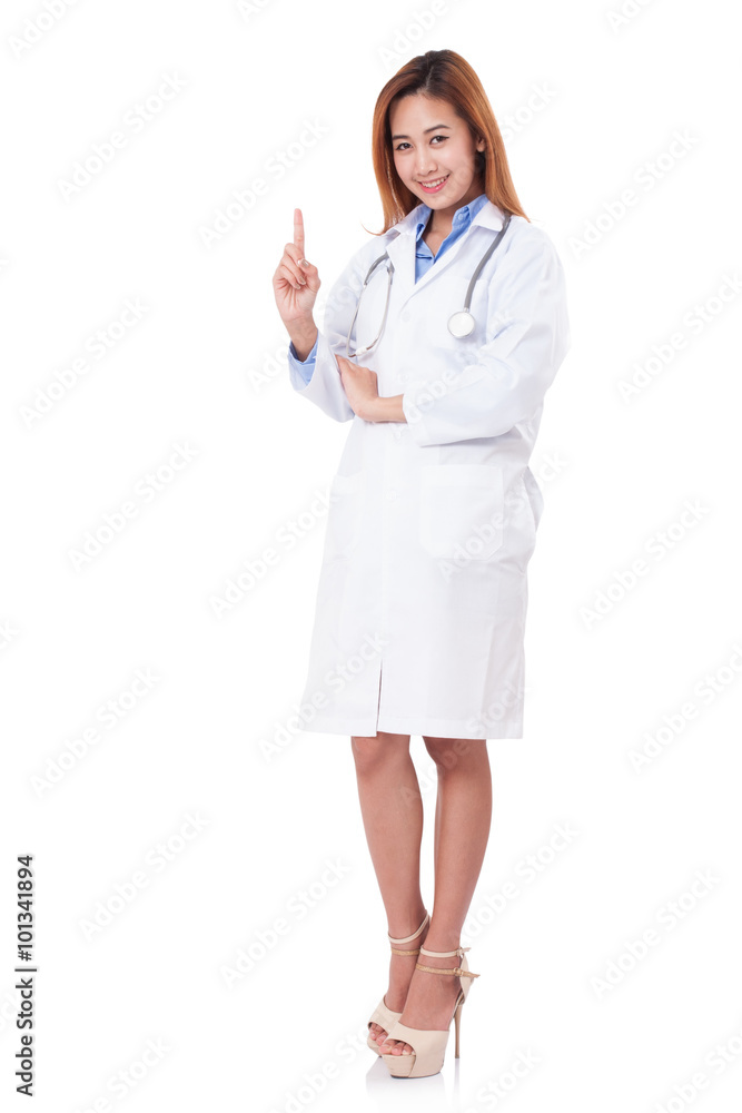 Full length of young scientist with pointing up on white background. Full length of young scientist with pointing up on white background.