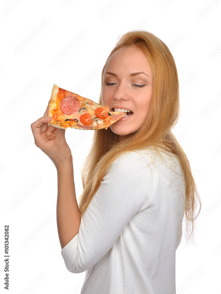 Happy woman enjoy eating slice of pepperoni pizza with tomatoes Happy woman enjoy eating slice of pepperoni pizza with tomatoes