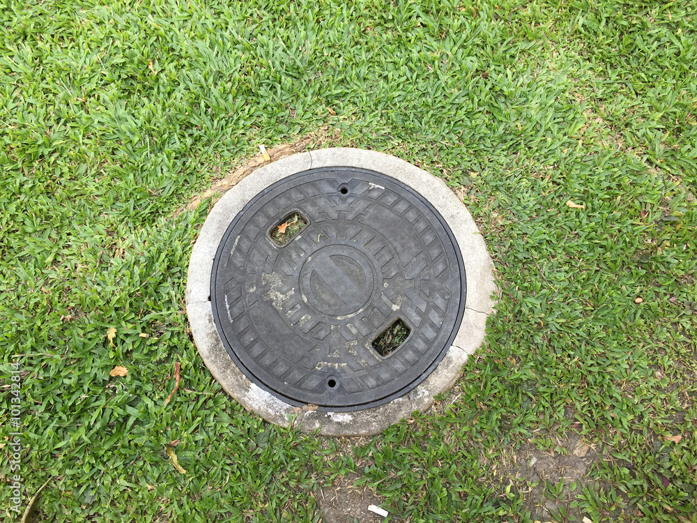 manhole cover on the grass