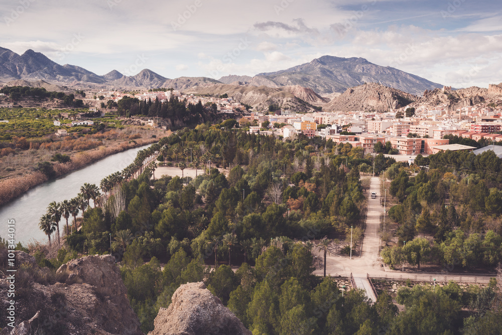 View of the town Blanca  and the River Segura. Vintage style. Region of Murcia. Spain