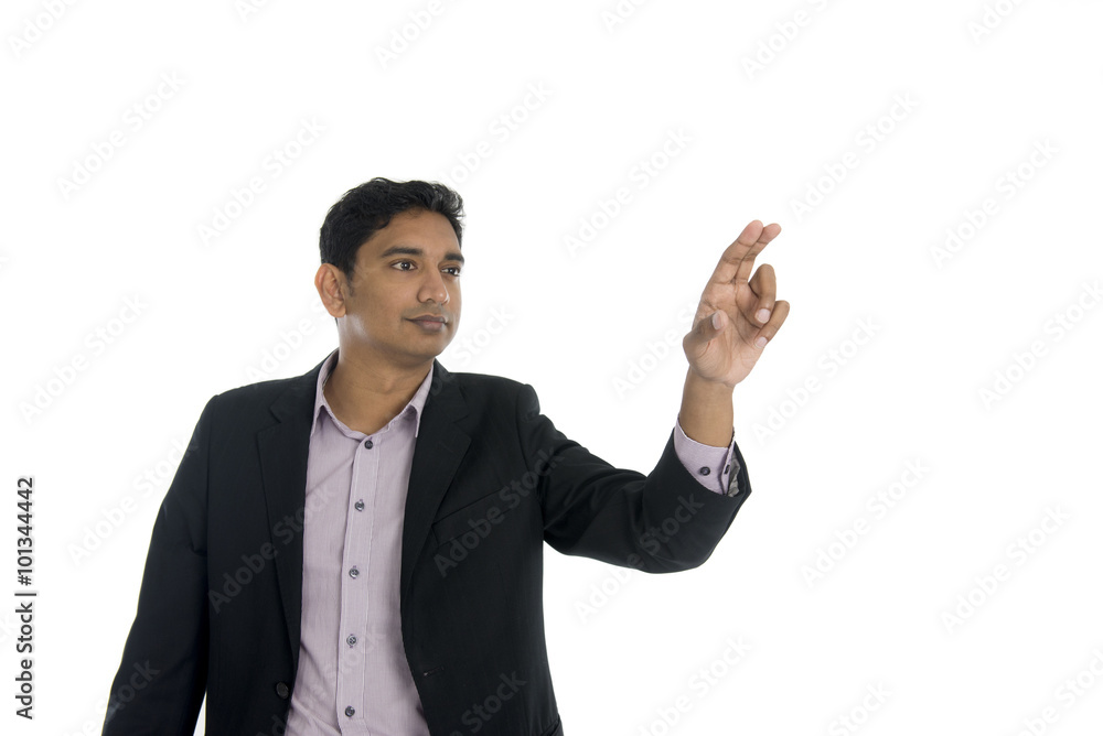 happy businessman pointing at copy space happy businessman pointing at copy space