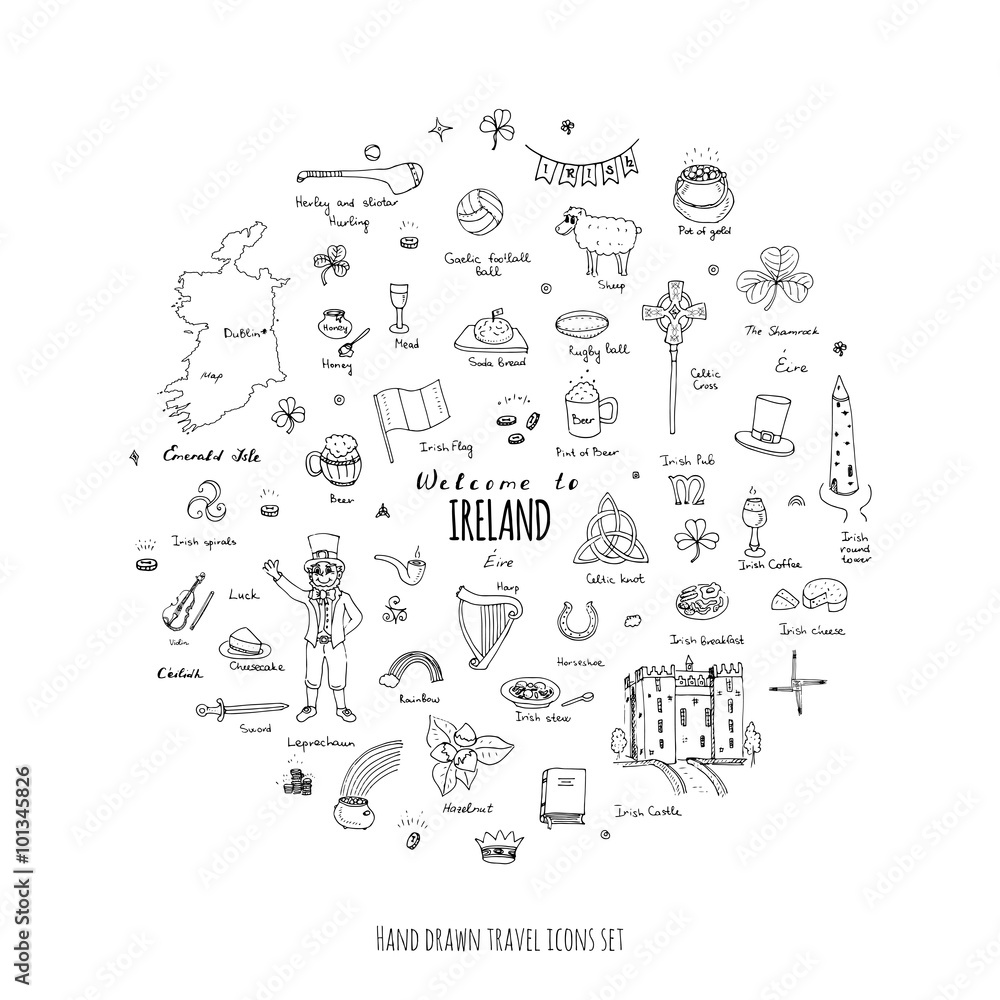 Vecteur Stock Hand drawn doodle Ireland set Vector illustration Sketchy ...