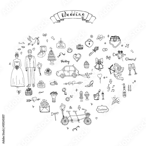 Hand drawn doodle Wedding collection Vector illustration Sketchy Marriage icons Big set of icons for Wedding day, love and romantic events Bride Groom Heart Cupid Engagement ring