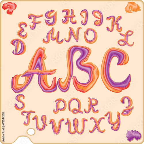 Латинские курсивные буквы, составленные из трех перемешанных на палитре красок photo