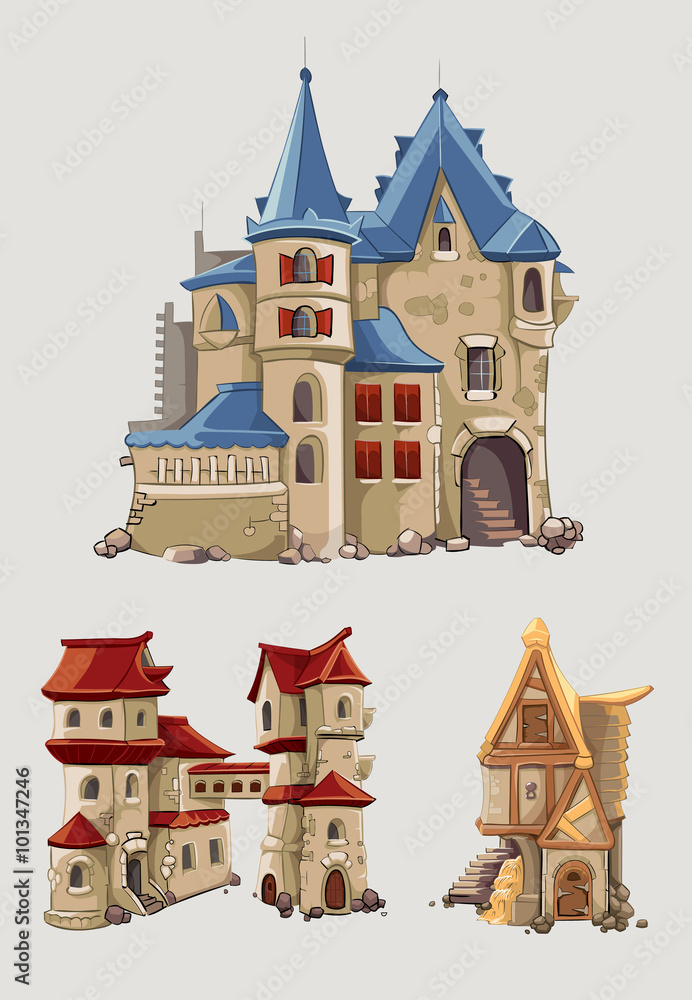 Medieval castles and buildings vector set in cartoon style.  Fantasy architecture with tower building, kingdom tale illustration
