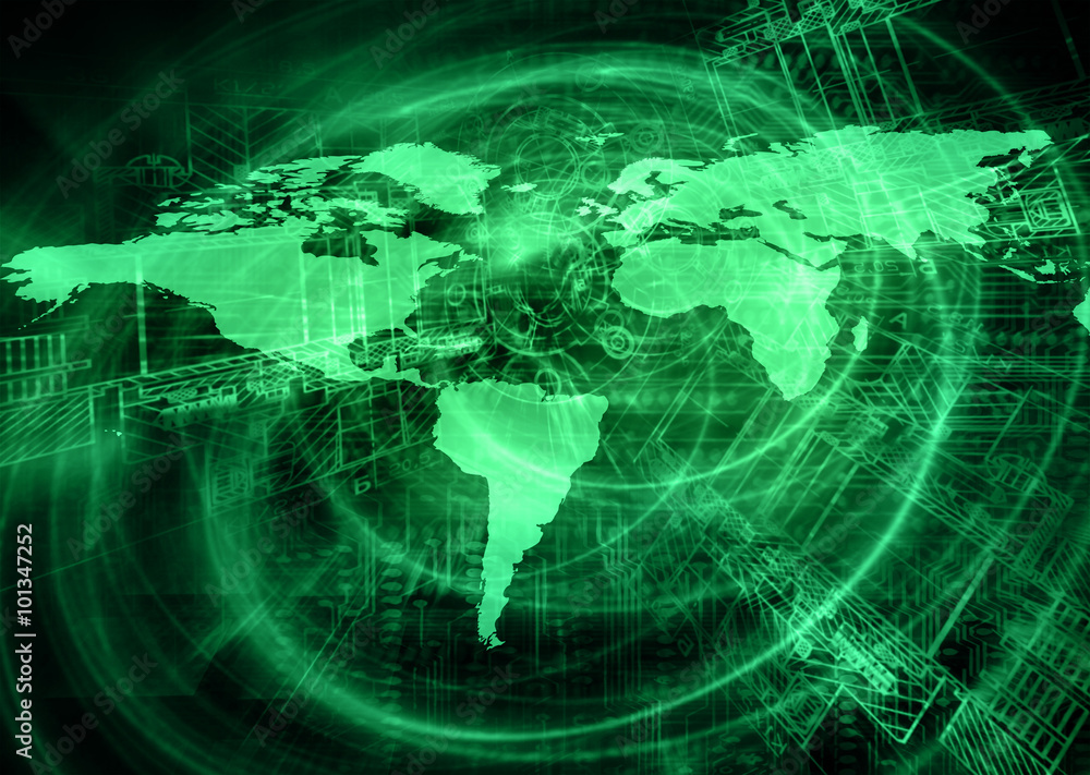 World map on a technological background, glowing lines symbols of the Internet, radio, television, mobile and satellite communications. World map on a technological background, glowing lines symbols of the Internet, radio, television, mobile and satellite communications.