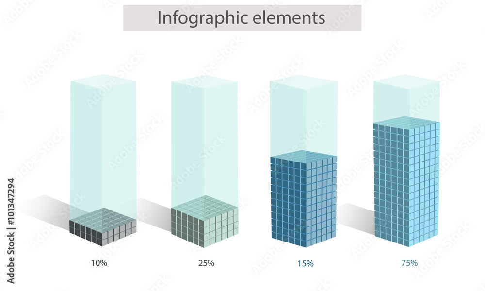 Set of 3d vector cubic diagram with numbers pointing percentage, consisted from small cubic elements, isolated on white, business infographic diagram elements, Vector data presentation template