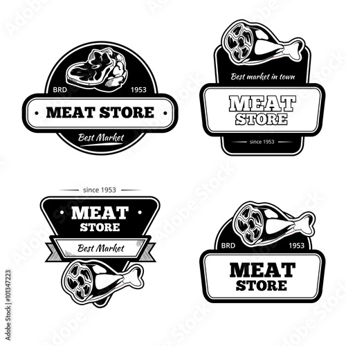 Retro butchery and meat store black badge, label, logo vector set. Market natural emblem illustration