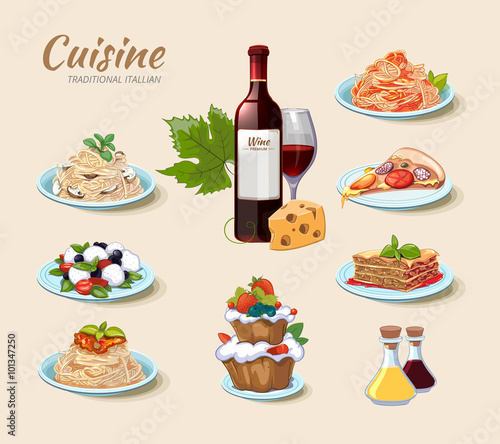 Italian cuisine vector icons set in cartoon style. Cake and cheese, wine and pizza, food menu, pasta spaghetti illustration