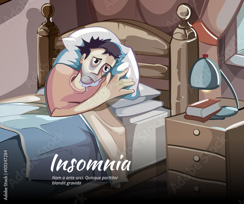 Sleepless vector character. Sleeplessness and insomnia, bedroom person illustration