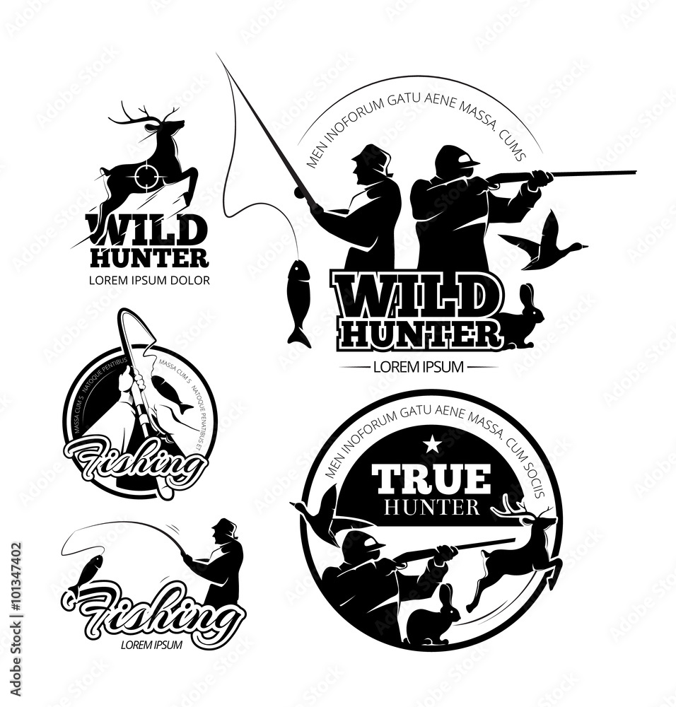 Vintage hunting and fishing vector labels, logos and emblems set. Deer and  rifle, rod and aiming illustration Stock Vector