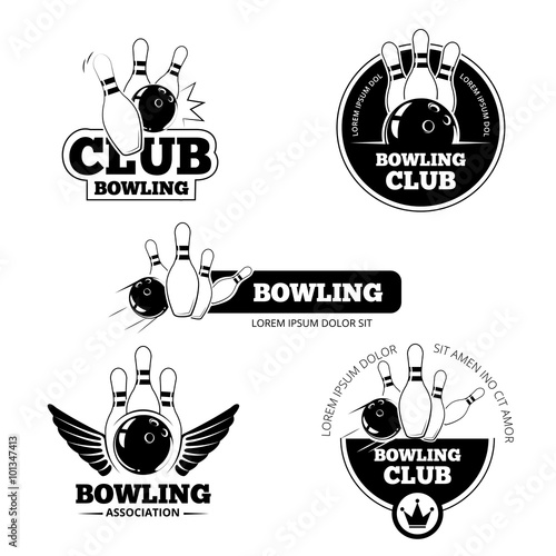 Bowling vector labels, emblems and badges set. Club gaming play, skittle and strike illustration