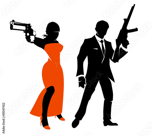 Silhouettes of spy couple. Woman with weapon in red dress, gangster person or secret agent. Vector illustration characters