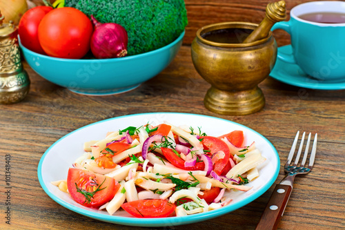 Salad with Squid, Tomato, Red Onion, Vegetable Oil