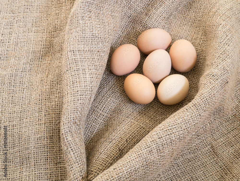 Fresh farm eggs on sackcloth ( Space for Text ) Fresh farm eggs on sackcloth ( Space for Text )