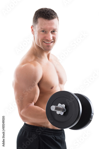 Happy Muscular Man Lifting Dumbbell