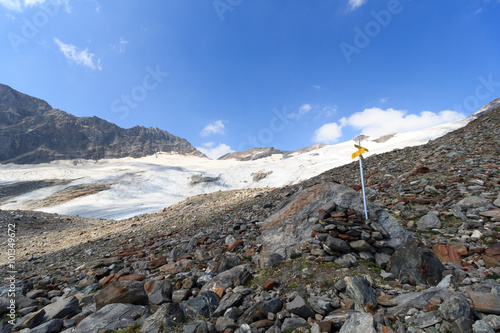 Signpost and mountain glacier panorama in Hohe Tauern Alps, Austria