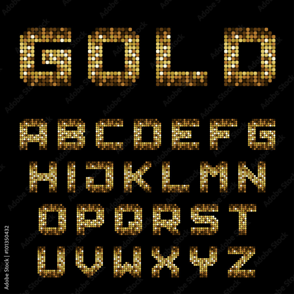 Fotografie vector golden pixel alphabet font letters