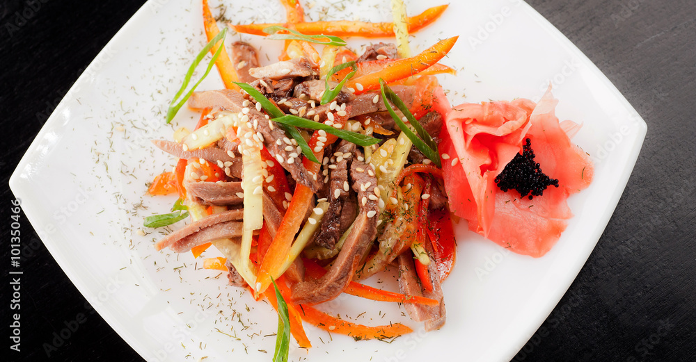 Vegetable salad with beef meat in restaurant Vegetable salad with beef meat in restaurant