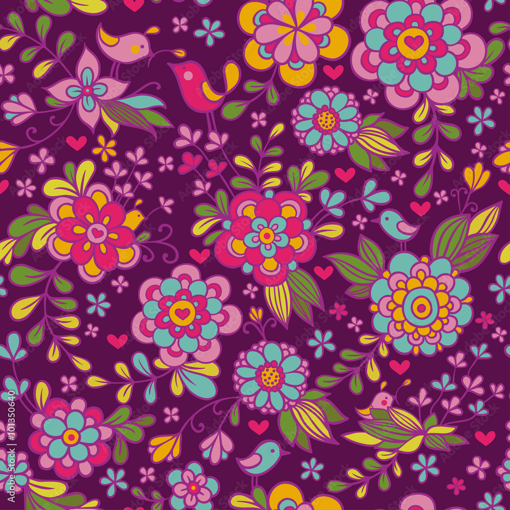Vintage floral seamless pattern. Vector. Seamless texture with flowers and birds. Endless floral pattern.