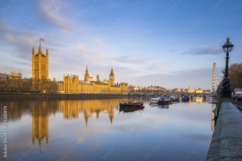 Palace of Westminster, House of Parliament, Big Ben and River Thames at early in the morning - London, UK
