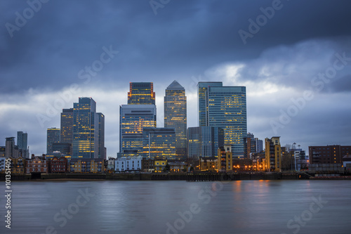 Canary Wharf  the leading financial district of London taken from Greenwich at blue hour - London  UK