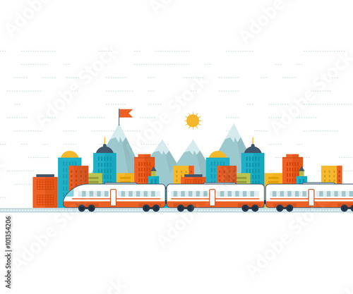 Train on railway with city background