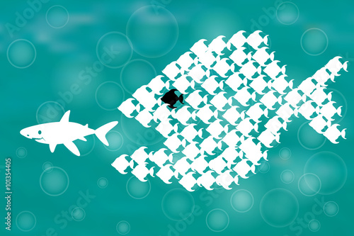 Teamwork Concept Illustration with Big Fish chasing Small fish and Fish group chasing Big fish