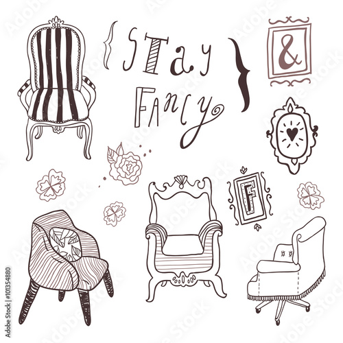Stay Fancy vector set. Hand drawn furniture, interior decorations and frames. Hand lettering.