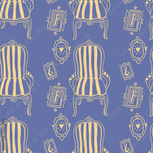 Stay Fancy seamless vector pattern. Hand drawn furniture, interior decorations and frames. Hand lettering.