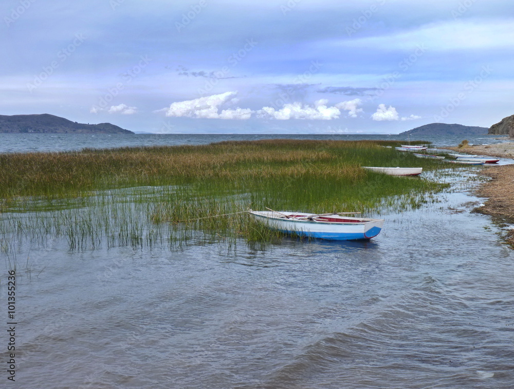 boat on the lakeside of lago titicaca