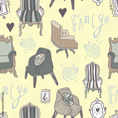 Stay Fancy seamless vector pattern. Hand drawn furniture, interior decorations and frames. Hand lettering.