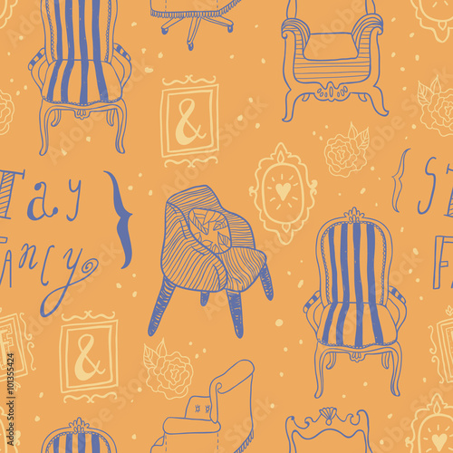 Stay Fancy seamless vector pattern. Hand drawn furniture, interior decorations and frames. Hand lettering.