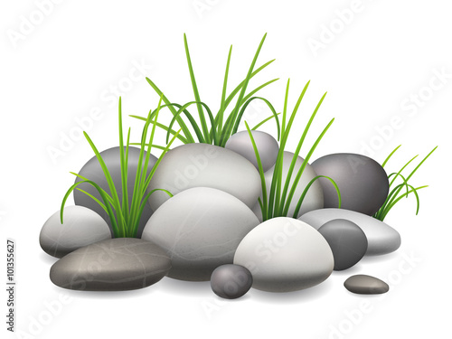 A pile of stones and green grass growing through the pebbles. Vector illustration