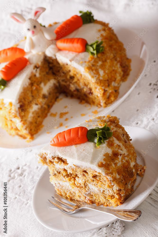carrot cake with decorations and slice close-up. vertical
carrot cake with decorations and slice close-up. vertical
